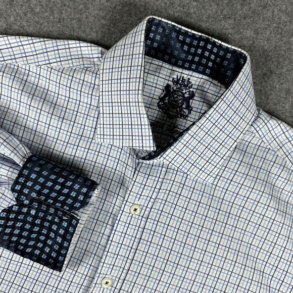 English Laundry Mens Dress Shirt 16 1/2 34/35 Checkered Flip Cuff White Blue - Picture 1 of 7